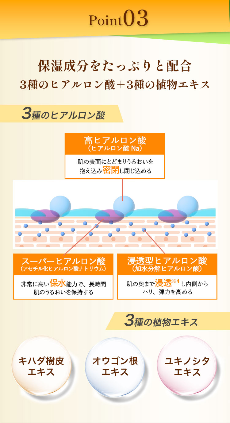 point03　保湿成分をたっぷりと配合。3種のヒアルロン酸＋3種の植物エキス