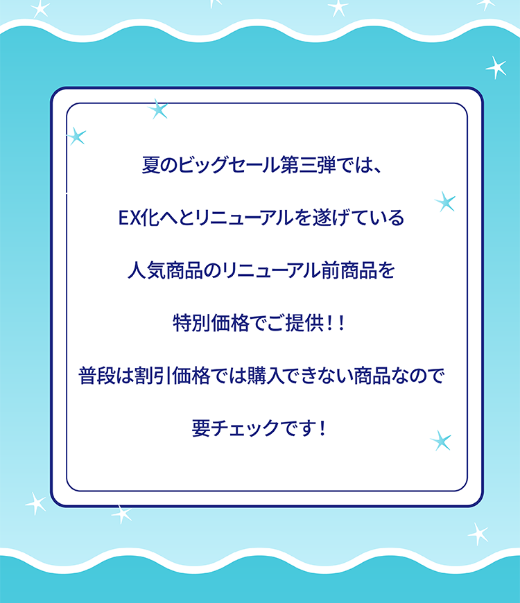 夏のビッグセール第三弾では、EX化へとリニューアルを遂げている人気商品のリニューアル前商品を特別価格でご提供！！普段は割引価格では購入できない商品なので要チェックです！